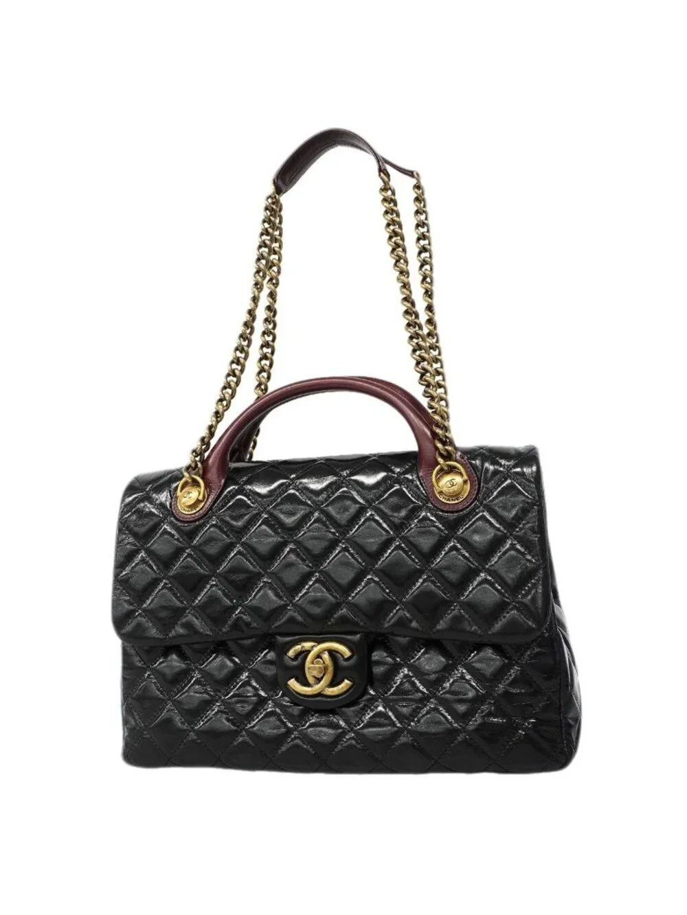 Chanel Handbag Quilted Leather Black Gold 2-Way
